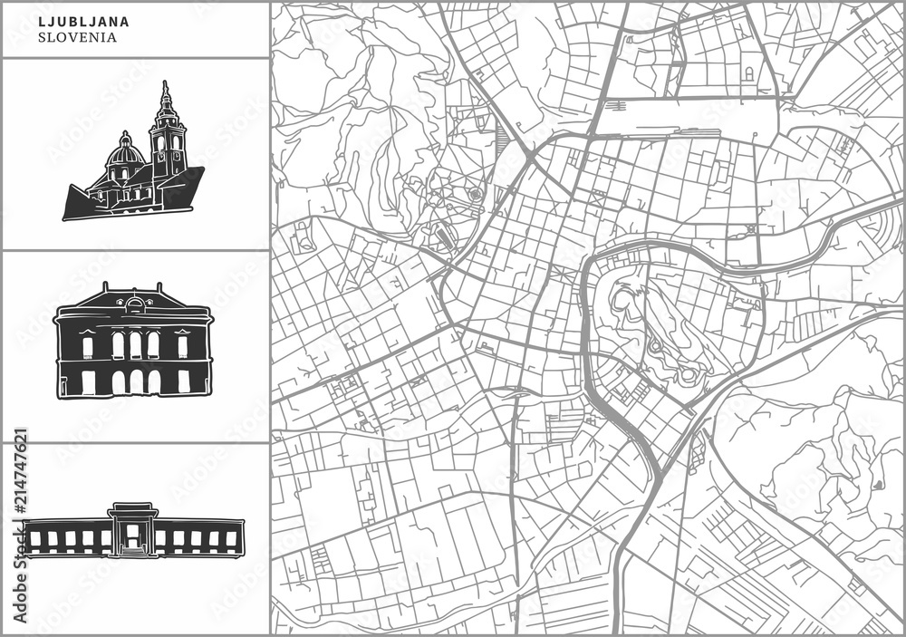 Ljubljana city map with hand-drawn architecture icons