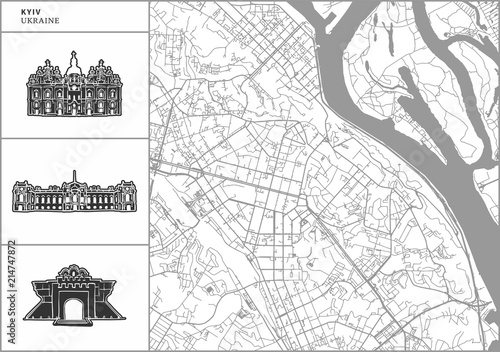 Kyiv city map with hand-drawn architecture icons