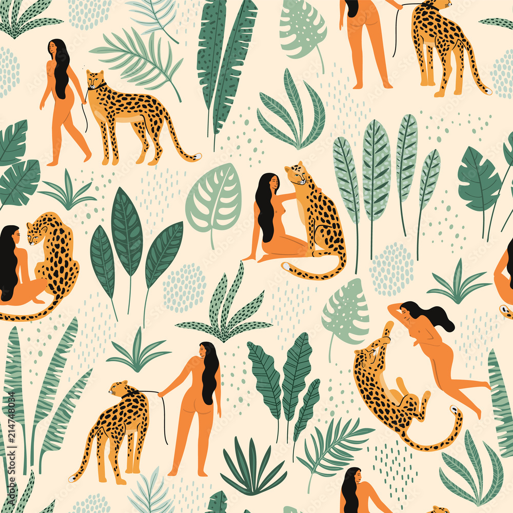 Obraz premium Vector seamless pattern with women, leopards and tropical leaves.