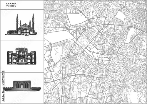 Wallpaper Mural Ankara city map with hand-drawn architecture icons