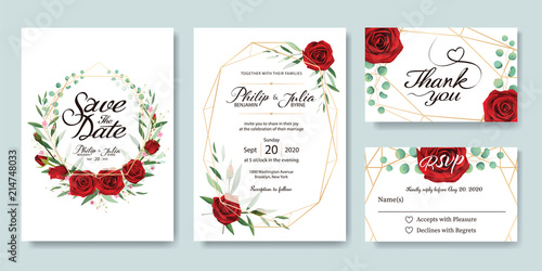 Wedding Invitation, save the date, thank you, RSVP card Design template. Vector. Summer flower, red rose, silver dollar, olive leaves, Wax flower.