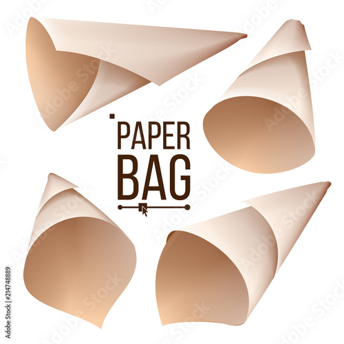 Paper Cone Bag Set Vector. Package, Container Sign, Icon. Different Views. Isolated Realistic Illustration