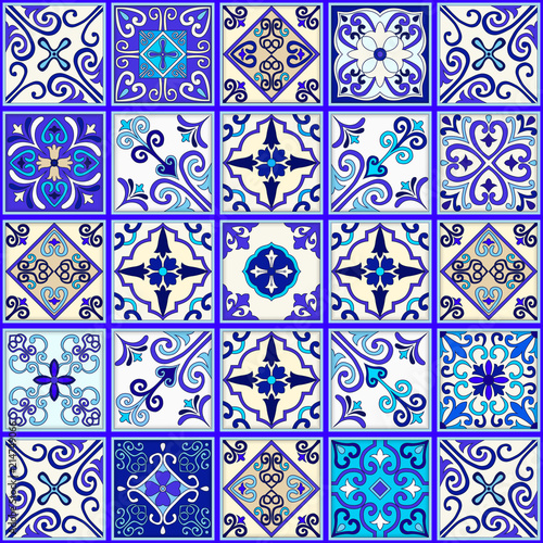 Portuguese tiles seamless pattern vector with blue and white ornaments. Talavera, azulejo, mexican, spanish or arabic motifs.