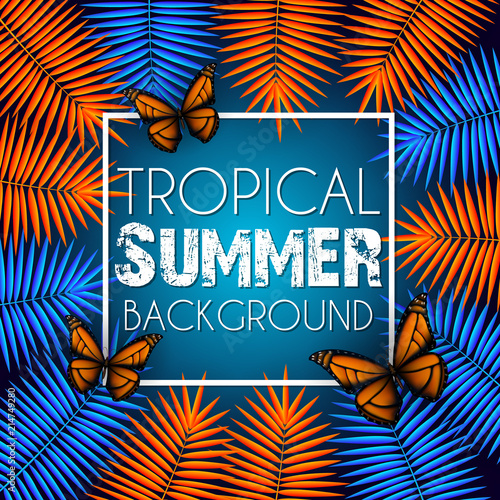 Tropical summer background with exotic neon bright colorful leaves with text space.