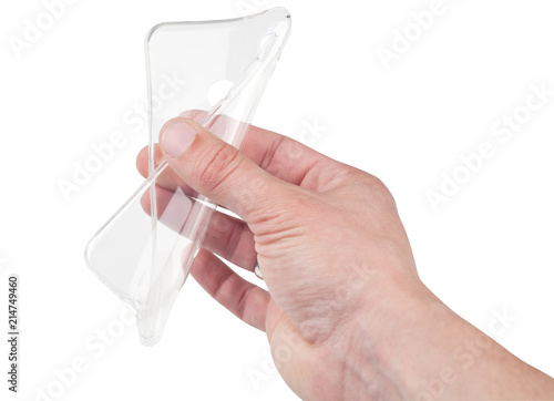 Silicone case for smartphone bent in his hand, isolated on white background.