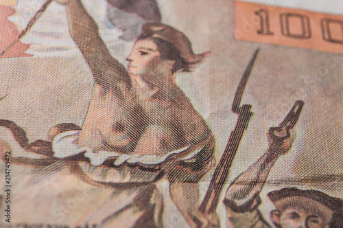 Canvas Print closeup of bank note of cent franc, the french vintage money