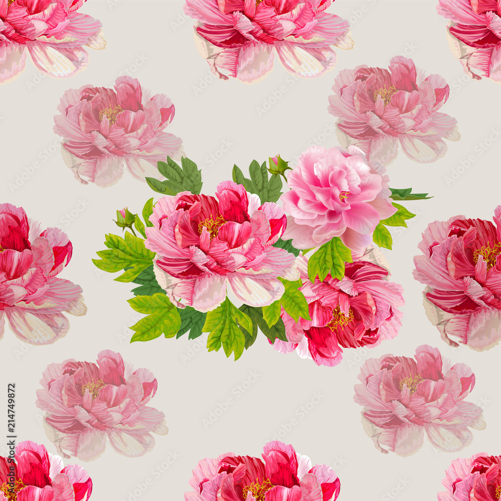Peonies and leaves on the beige background. Romantic garden flowers illustration.Seamless pattern Peonies and leaves on the beige background. Romantic garden flowers illustration.Seamless pattern