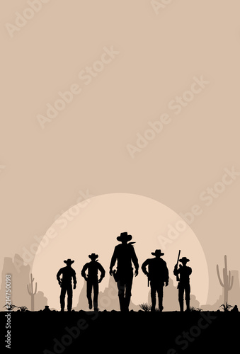 Silhouette of five cowboys walking forward banner
