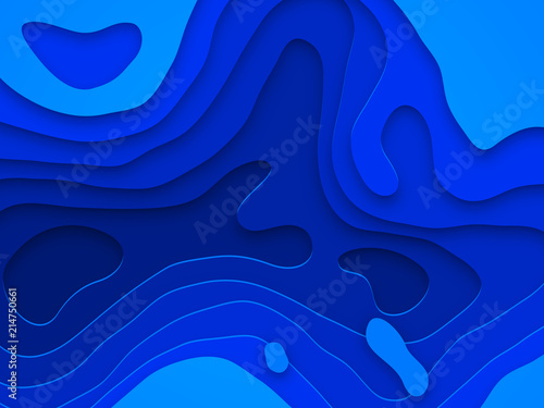 Water blue Papercut geometric topography or paper cut liquid geometric gradient pattern on blue 3D multi layer background