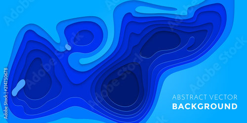 Water blue Papercut geometric topography poster or paper cut liquid geometric gradient pattern with blue 3D multi layer banner background
