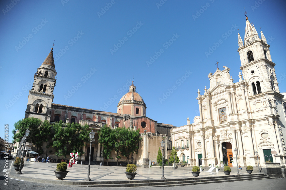 ACIREALE, SICILY, ITALY, JUNE 13, 2018 : Piazza del duomo, july 21, 2018, wonderful example of sicilian baroque architecture  in Acireale, sicily, italy