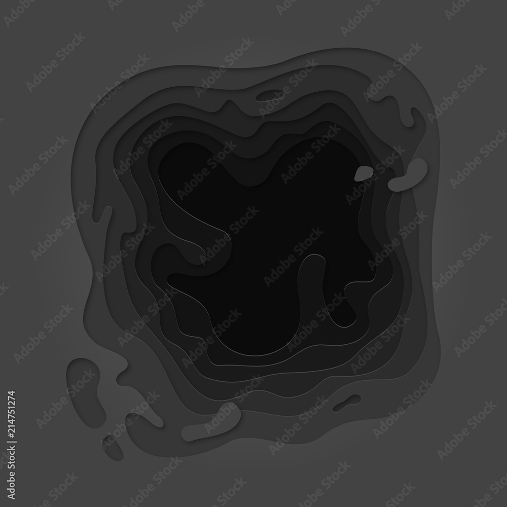 Papercut geometric topography pattern on dark gray 3D multi layer background with geometric black liquid gradient