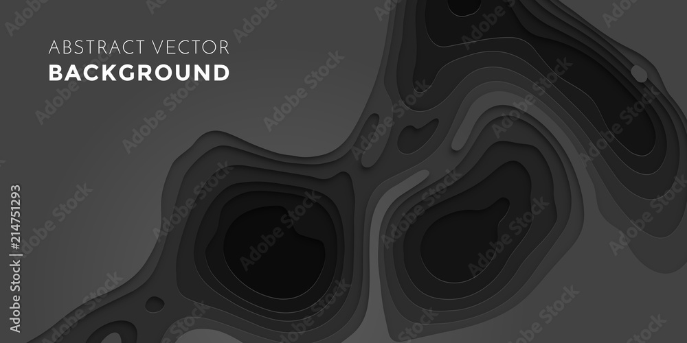 Papercut geometric black pattern background or liquid 3D cutout with dark gray color multi layer for web banner or poster design - obrazy, fototapety, plakaty 