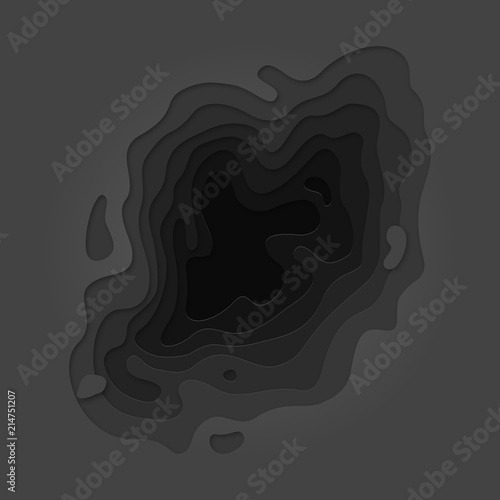 Abstract papercut and multi layer cutout geometric black pattern on vector dark gray color gradient paper cut background