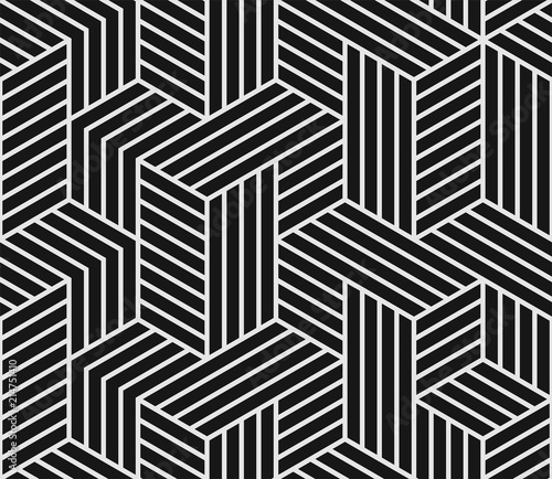 Abstract geometric pattern on vector black background with seamless white mosaic grid lines pattern
