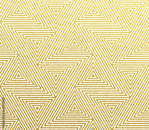 Geometric pattern of golden glittery seamless triangle mosaic grid lines. Vector abstract gold foil texture with pattern