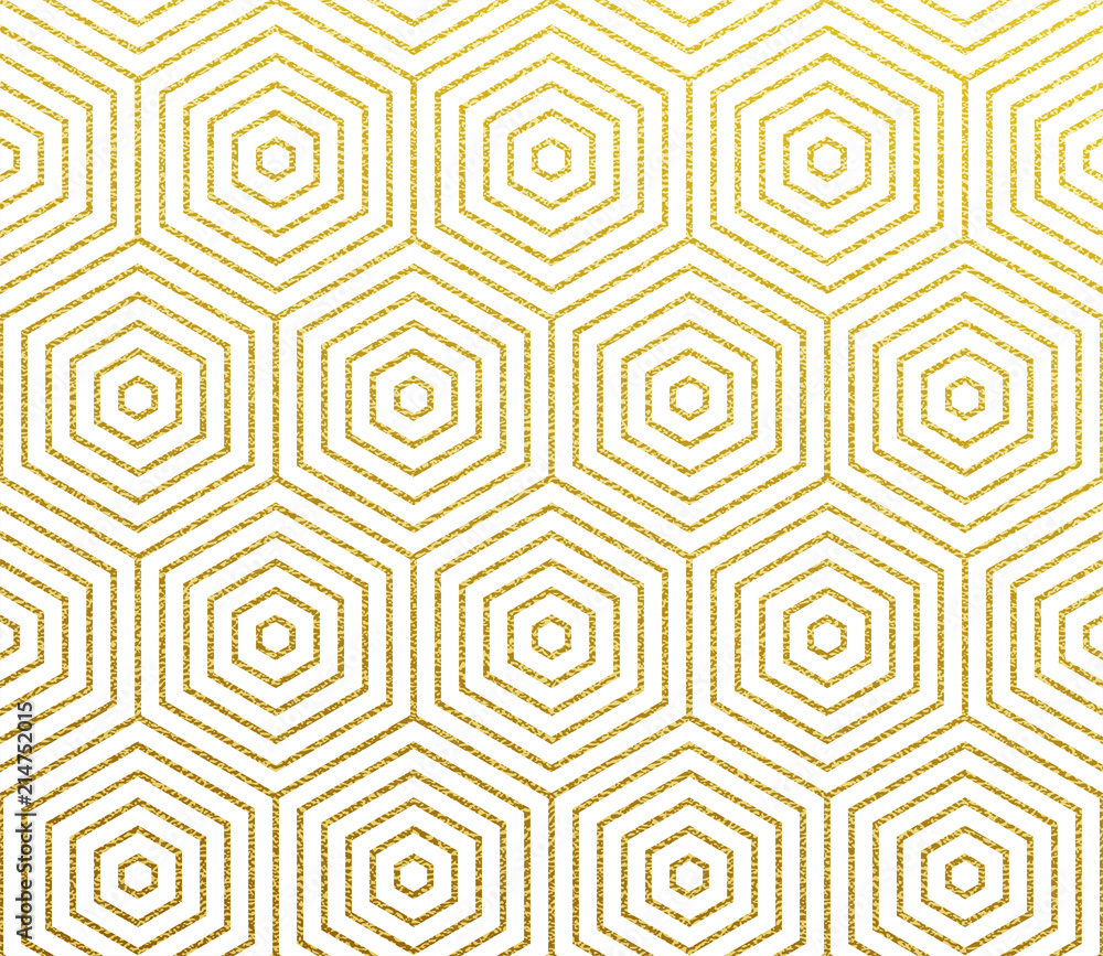 Golden geometric linear pattern background. Vector abstract seamless gold glitter hexagon mosaic of honeycomb pattern