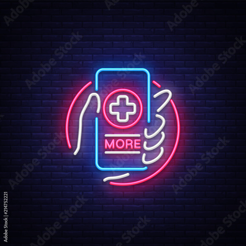 Medical Online neon sign design template. Medical Online neon emblem, light banner. Online consultation. Smartphone in hand. Vector illustration