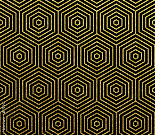 Abstract geometric glittery pattern vector background of golden seamless hexagon mosaic grid lines with gold honeycomb pattern
