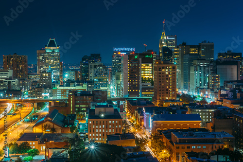 View of the downtown Baltimore skyline at night, in Baltimore, Maryland