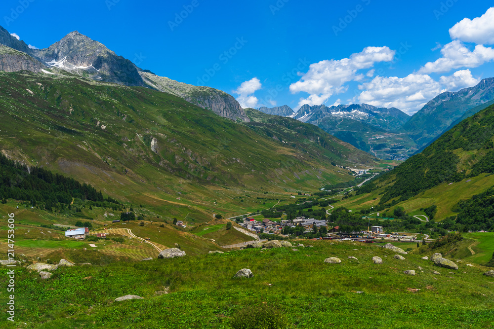Naklejka premium Dolomites Apls, Switzerland panorama. Dolomites Alps landscape, green valley