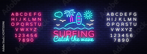 Surfing neon sign design template. Surfing Catch the wave slogan neon emblem, light banner. Summer concepts design. Smartphone in hand. Vector illustration. Editing text neon sign