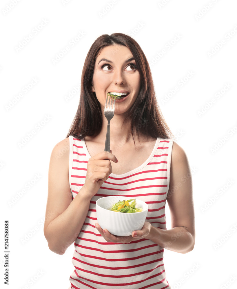 Woman with healthy vegetable salad on white background Woman with healthy vegetable salad on white background