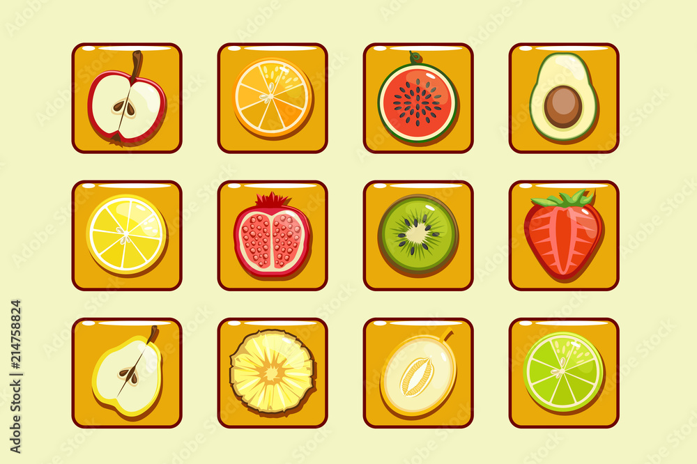 Different fruit and berries block element for math3 game