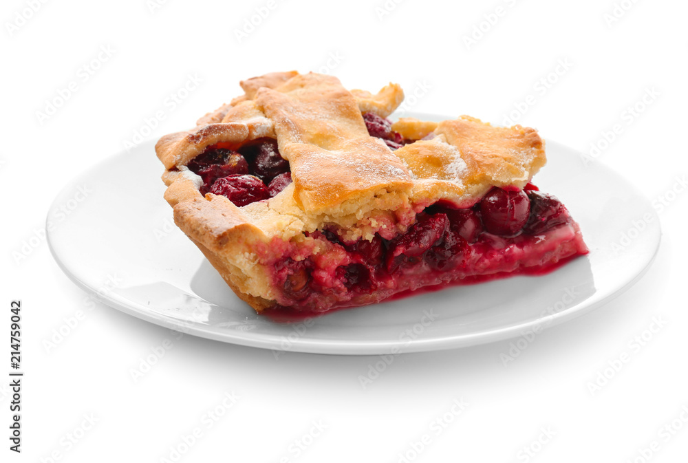 Plate with piece of delicious cherry pie on white background Plate with piece of delicious cherry pie on white background