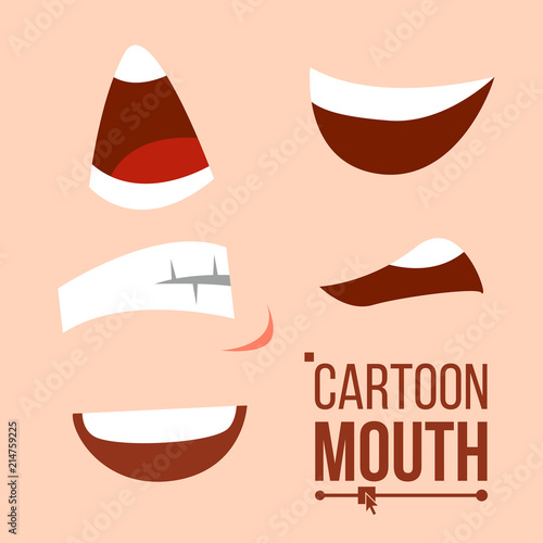 Cartoon Mouth Set Vector. Tongue, Smile, Teeth. Expressive Emotions. Poses Elements. Flat Illustration