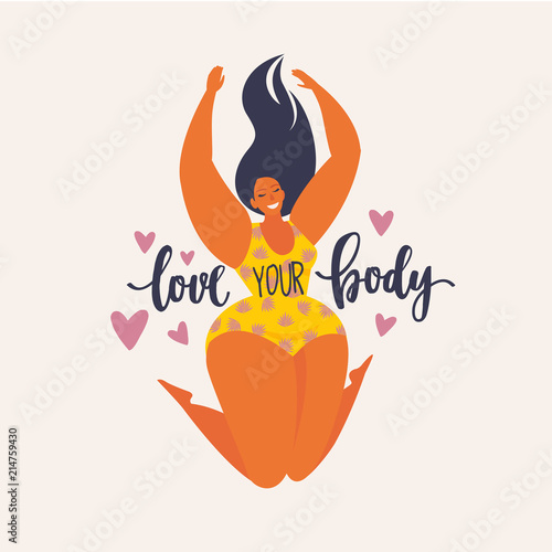 Happy jumping plus size girl. Happy body positive concept. Different is beautiful. Attractive overweight woman. For Fat acceptance movement no fatphobia. Vector illustration on retro background.