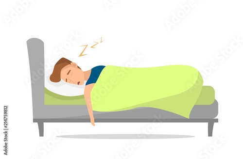Young man is sleeping in his bed. Vector illustration in a cartoon style.