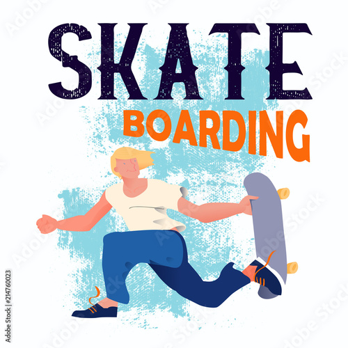 Skateboarding. Young guy with golden hair on skateboard does a trick in a jump. The cool dude and text Skateboarding . Banner in flat style with grunge background. Vector illustration.