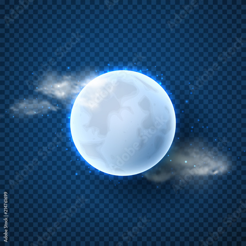 Realistic full moon isolated on transparent. Vector illustration of 3d moon with clouds and stars.