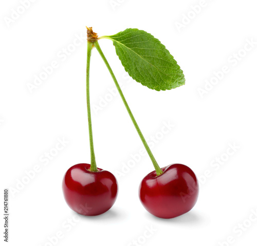 Ripe cherries on white background