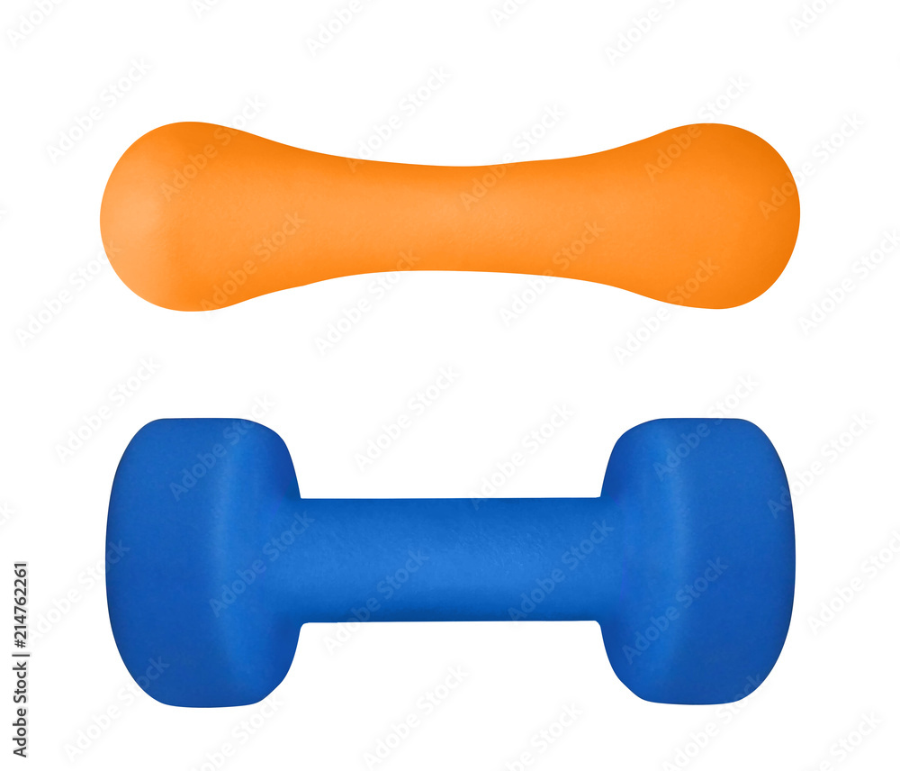 Top view of different dumbbells for hand weight isolated on white background. Sport equipment for fitness and aerobics Top view of different dumbbells for hand weight isolated on white background. Sport equipment for fitness and aerobics
