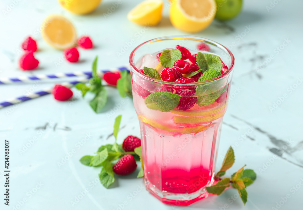Glass of fresh raspberry mojito on table Glass of fresh raspberry mojito on table