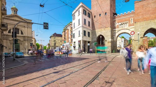 sunny day milan city famous traffic crossroad old porta ticinese panorama 4k timelapse italy
 photo