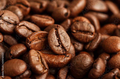 Closeup of coffee beans with selective focus for background
