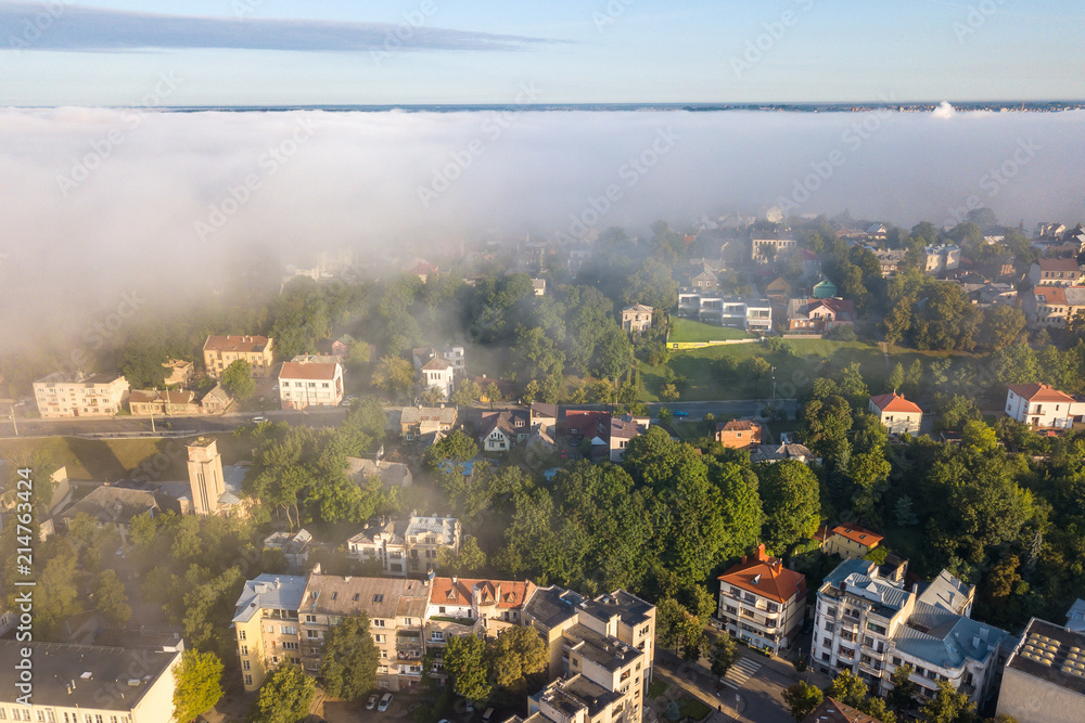 Foggy morning. Aerial view, Kaunas, Lithuania