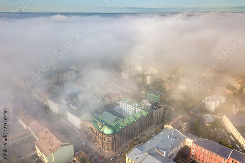 Foggy morning. Aerial view, Kaunas, Lithuania