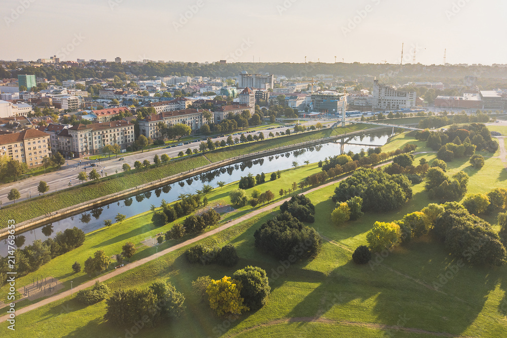 Fototapeta premium Aerial view of Nemunas Island park in Kaunas, Lithuania
