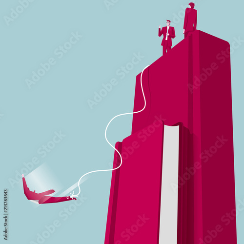 Bungee jumping from book. The background is blue.