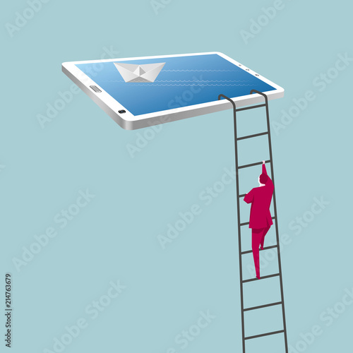 Businessman climbing tablet using ladder. The background is blue.