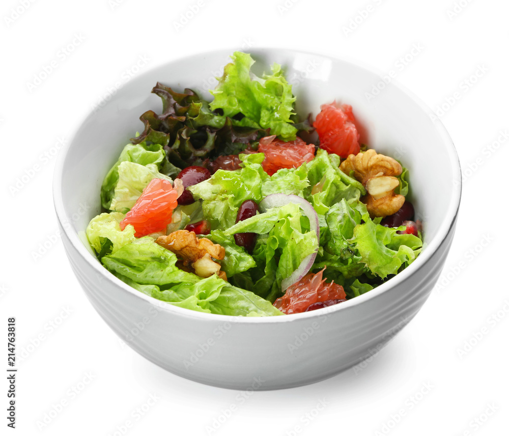 Bowl with delicious fresh salad on white background Bowl with delicious fresh salad on white background