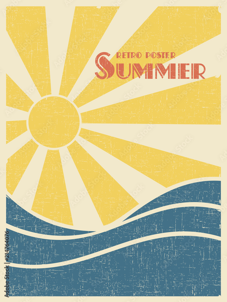 Obraz premium Summer retro poster. Sun over the sea waves. Vintage grunge style