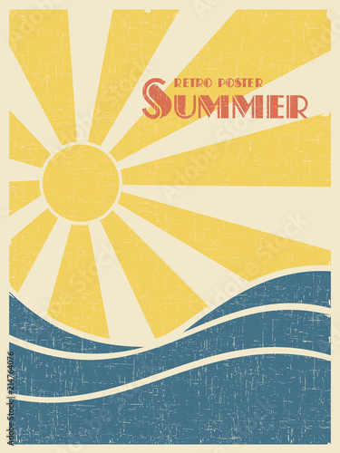 Summer retro poster. Sun over the sea waves. Vintage grunge style