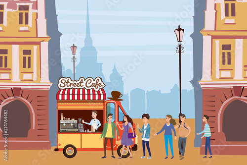 Coffee truck, barista, colored coffee shop outdoor composition, city, with buyers standing in line for coffee, men and women, teenagers, urban scene, vector, cartoon style, isolated