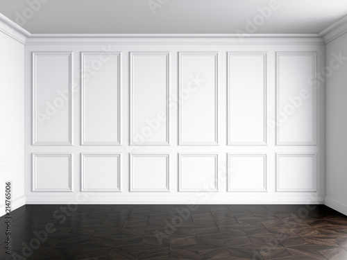 3d render of white interior with panels on wall and dark wood on floor