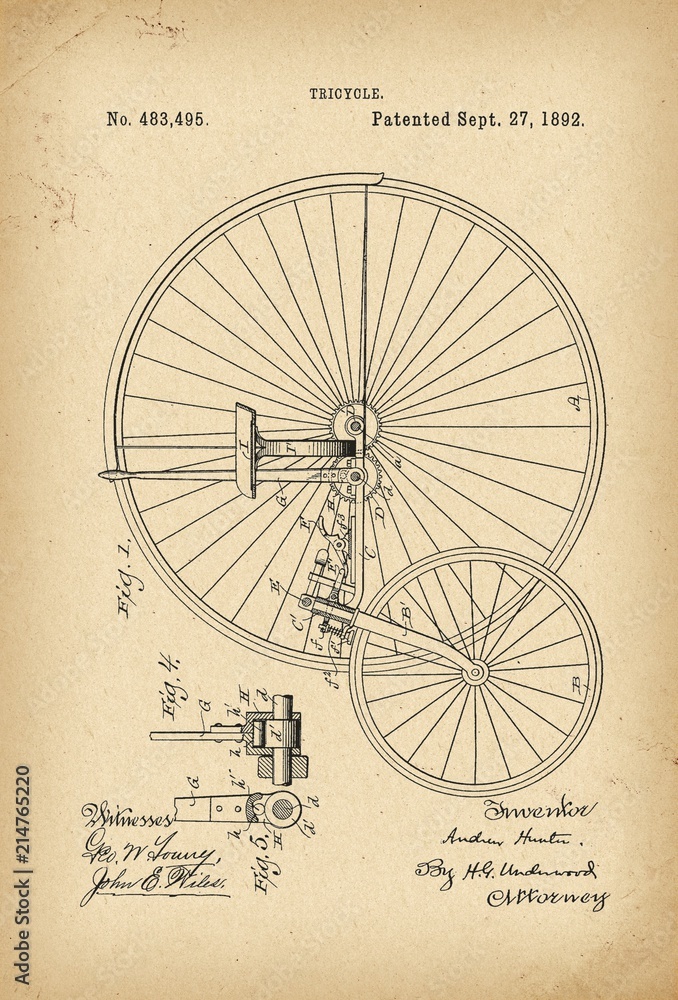 1892 Patent Velocipede Tricycle Bicycle archival history invention  Illustration Stock | Adobe Stock